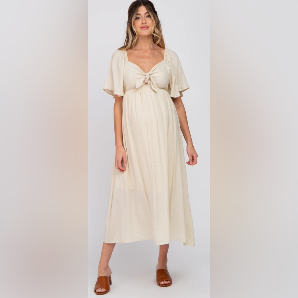 PinkBlush Maternity Dress - Size Small - Beige with Swiss Dot Fabric